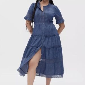 Gap LoveShackFancy Denim Tiered Midi Dress Dark Wash Chambray Dress Size Large